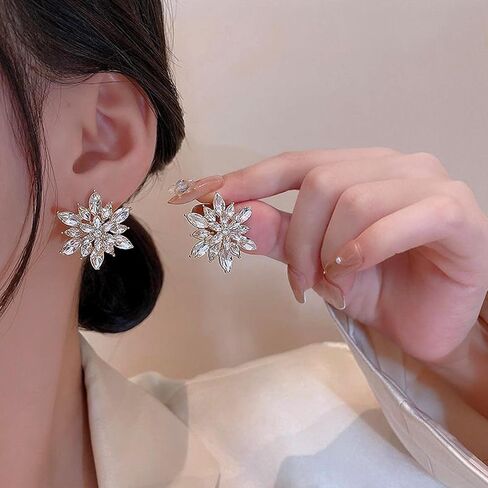 Vintage Crystal Flower Earrings Rhinestone Flower Earrings Gold Flower Stud Earrings Paved Snowflake Earrings Sparkly Cz Earrings Paved Bridal Wedding Earrings for Women and Girls Gifts in Saudi Arabia