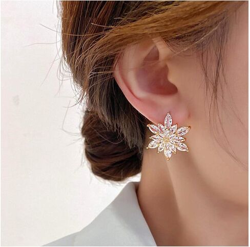 Vintage Crystal Flower Earrings Rhinestone Flower Earrings Gold Flower Stud Earrings Paved Snowflake Earrings Sparkly Cz Earrings Paved Bridal Wedding Earrings for Women and Girls Gifts in Saudi Arabia
