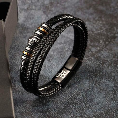 صندوق المجوهرات | سوار مضفر من الجلد الطبيعي الفاخر للرجال باللون الأسود | مشبك مغناطيسي من الفولاذ المقاوم للصدأ باللون الأسود | علبة هدايا مجوهرات فاخرة، جلد in Kuwait