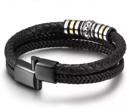 صندوق المجوهرات | سوار مضفر من الجلد الطبيعي الفاخر للرجال باللون الأسود | مشبك مغناطيسي من الفولاذ المقاوم للصدأ باللون الأسود | علبة هدايا مجوهرات فاخرة، جلد in Kuwait