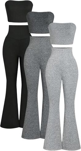 GORGLITTER Women's 6 Piece Strapless Outfits Sleeveless Tube Bandeau Top and High Waisted Flare Leggings Pant Set in Saudi Arabia