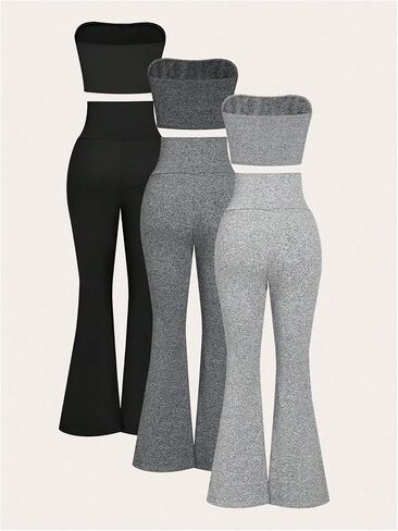 GORGLITTER Women's 6 Piece Strapless Outfits Sleeveless Tube Bandeau Top and High Waisted Flare Leggings Pant Set in Saudi Arabia