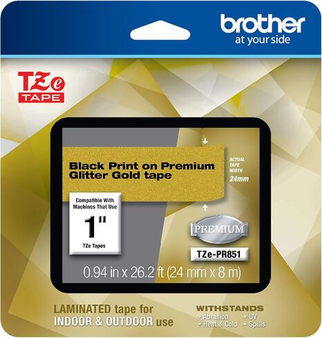 Brother P-touch TZe-PR851 Black Print on Premium Glitter Gold Laminated Tape 24mm (0.94") wide x 8m (26.2’) long in Saudi Arabia