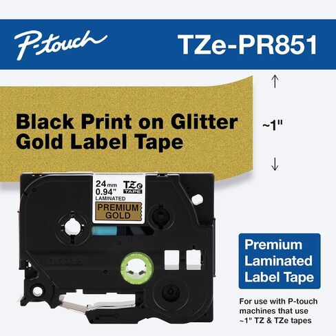 Brother P-touch TZe-PR851 Black Print on Premium Glitter Gold Laminated Tape 24mm (0.94") wide x 8m (26.2’) long in Saudi Arabia