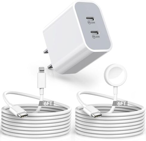 شاحن فائق السرعة لساعة Apple وiPhone، محول شاحن سريع بمنفذ USB C مزدوج بقدرة 40 وات مع كابل ساعة Apple بطول 6 أقدام، وسلك من النوع C إلى Lightning لساعة Apple Series 9/8/7/SE/6/5، وiPhone 14/ 13/12 in Kuwait