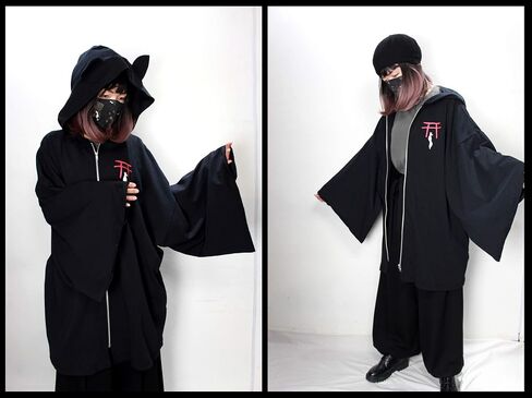 الأحمر توري طباعة الثعلب الأذن كيمونو المتضخم هوديي زمم الرجال النساء اليابانية الأسود يامي Kawaii إيناري كيمونو الأكمام in Saudi Arabia