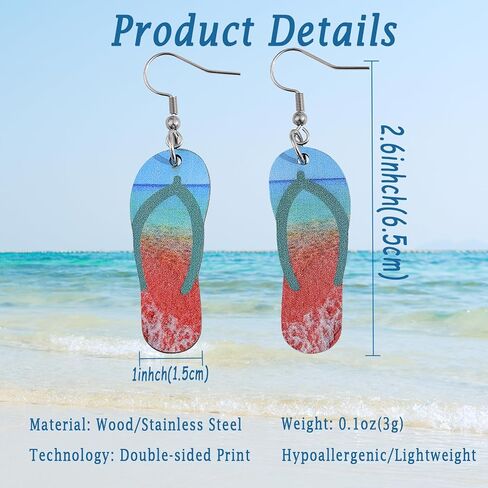 Hawaii Summer Earrings for Women Girls Fun Double-sided Print Wood Beach Earrings for Luau Hula Party Vocation Lightweight Tropical Coconut Palm Tree Flip-flops Shaped Holiday Dangle Earrings in Saudi Arabia