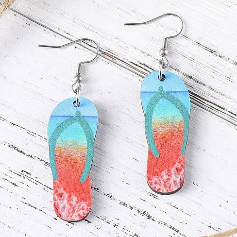 Hawaii Summer Earrings for Women Girls Fun Double-sided Print Wood Beach Earrings for Luau Hula Party Vocation Lightweight Tropical Coconut Palm Tree Flip-flops Shaped Holiday Dangle Earrings in Saudi Arabia