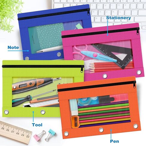 حقيبة أقلام رصاص مكونة من 3 حلقات، مجموعة مكونة من 24 كيسًا بسحاب ذات 3 فتحات بألوان متنوعة، حامل أقلام رصاص من القماش قوي ومتين مع نافذة شفافة لمستلزمات الكلية المكتبية والمدرسة (24) in Kuwait