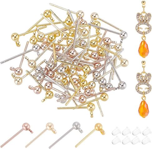 64 قطعة من BENECREAT أقراط كروية مطلية بالذهب الحقيقي عيار 18 قيراط، 4 ألوان من النحاس الدائري مع حلقات أفقية لصنع أقراط متدلية للمجوهرات، الفتحة: 1.2 مم in Kuwait