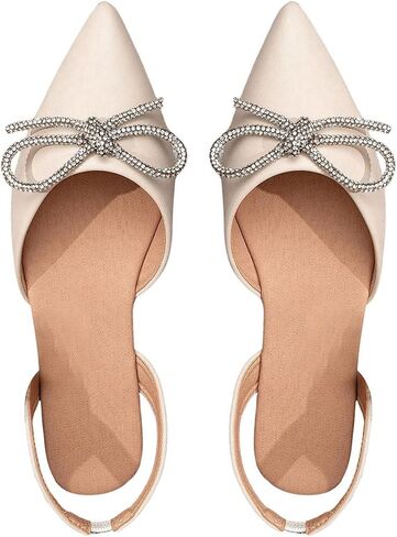 OYOANGLE Women's Rhinestone Bow Decor Pointed Toe Slingback Flats Faux Suede Wedding Dress Shoes in Saudi Arabia