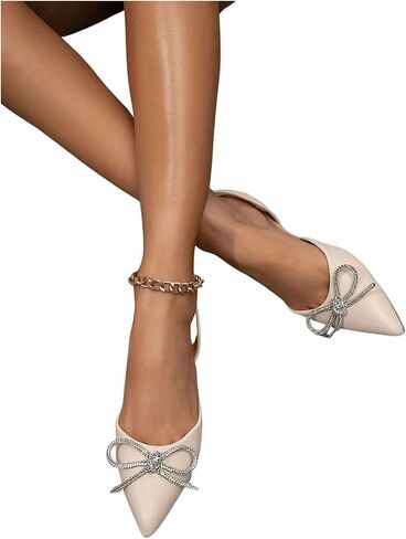 OYOANGLE Women's Rhinestone Bow Decor Pointed Toe Slingback Flats Faux Suede Wedding Dress Shoes in Saudi Arabia