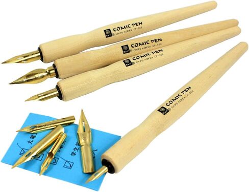 Comic Dip Pen Set, 4 Wooden Pen Handler Artist Cartoon Pen Set Calligraphy Dip Pens With 8 Nibs - Great for Manga/Comic/Calligraphy/Word Art/Pen-and-Ink Drawing in Saudi Arabia