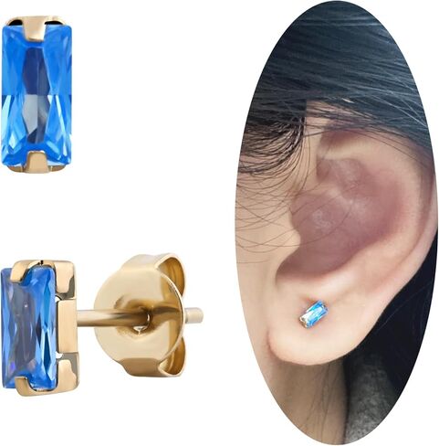 Tiny Aquamarine Earrings Small Light Blue Rectangle Earrings Gold Earrings Hypoallergenic March Birthstone Earrings for Women Trendy in Saudi Arabia