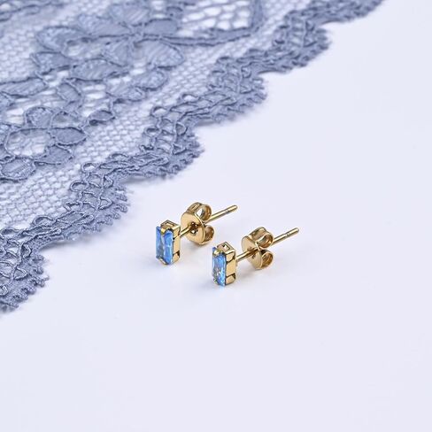 Tiny Aquamarine Earrings Small Light Blue Rectangle Earrings Gold Earrings Hypoallergenic March Birthstone Earrings for Women Trendy in Saudi Arabia