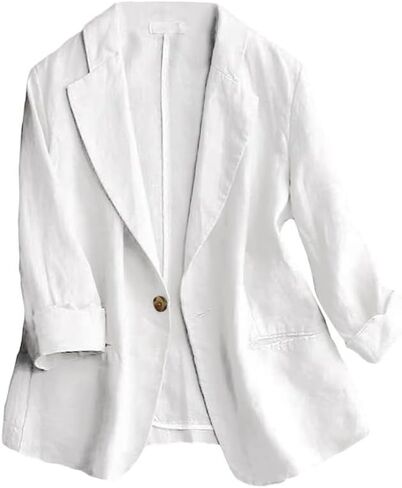 Cotton Linen Blazer Women 3/4 Sleeve Suit Jackets for Work Business Casual Lightweight Summer Blazers(White, M) in Saudi Arabia