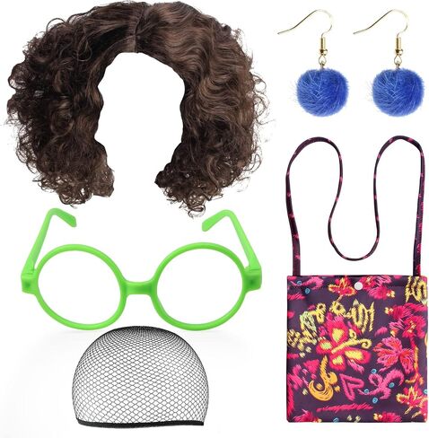 for Mirabel Cosplay Costume Accessories Set Including Curly Wig Green Glasses Pompom Earrings Bag for Girls Women in Saudi Arabia