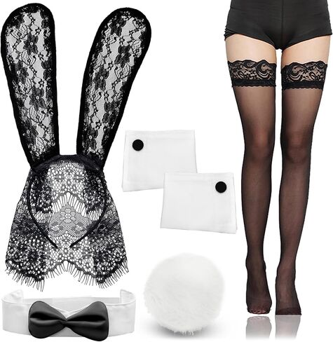 RechicGu Bunny Costume Accessories Set Rabbit Ear Headband, Flurry Rabbit Tail Bow Tie Collar Cuffs for Easter Halloween in Saudi Arabia