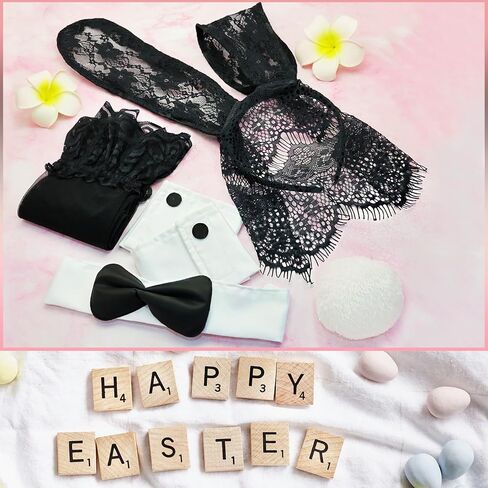 RechicGu Bunny Costume Accessories Set Rabbit Ear Headband, Flurry Rabbit Tail Bow Tie Collar Cuffs for Easter Halloween in Saudi Arabia