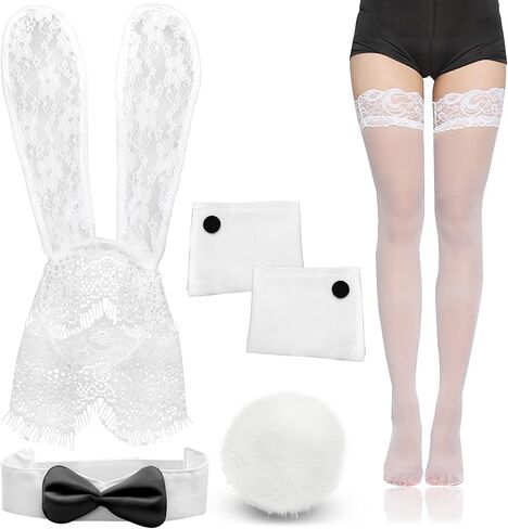 RechicGu Bunny Costume Accessories Set Rabbit Ear Headband, Flurry Rabbit Tail Bow Tie Collar Cuffs for Easter Halloween in Saudi Arabia
