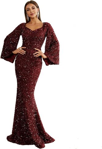 فستان Miss ord نسائي رسمي أنيق مزين بالترتر ورقبة على شكل حرف V للحفلات الراقصة، أكمام طويلة حورية البحر بطول الأرض in Kuwait