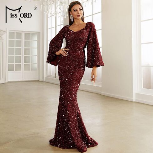 فستان Miss ord نسائي رسمي أنيق مزين بالترتر ورقبة على شكل حرف V للحفلات الراقصة، أكمام طويلة حورية البحر بطول الأرض in Kuwait