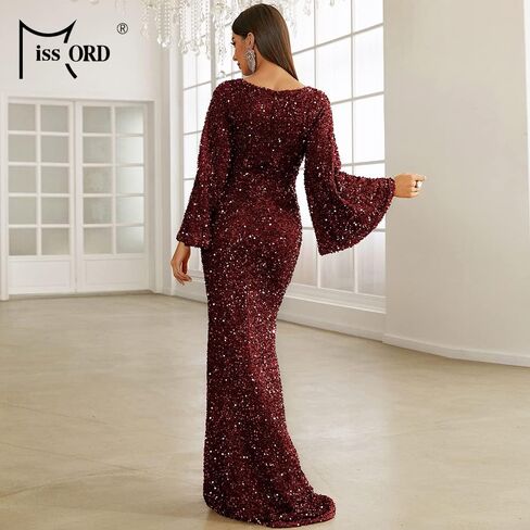 فستان Miss ord نسائي رسمي أنيق مزين بالترتر ورقبة على شكل حرف V للحفلات الراقصة، أكمام طويلة حورية البحر بطول الأرض in Kuwait