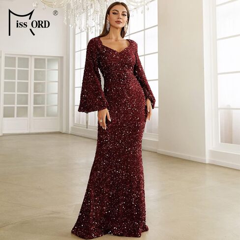 فستان Miss ord نسائي رسمي أنيق مزين بالترتر ورقبة على شكل حرف V للحفلات الراقصة، أكمام طويلة حورية البحر بطول الأرض in Kuwait