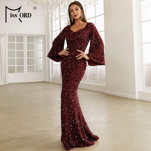 فستان Miss ord نسائي رسمي أنيق مزين بالترتر ورقبة على شكل حرف V للحفلات الراقصة، أكمام طويلة حورية البحر بطول الأرض in Kuwait