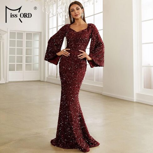 فستان Miss ord نسائي رسمي أنيق مزين بالترتر ورقبة على شكل حرف V للحفلات الراقصة، أكمام طويلة حورية البحر بطول الأرض in Kuwait