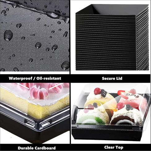 50 PCS Paper Charcuterie Boxes with Clear Lids, 5 Inch Sandwich Boxes, Bakery Gift Boxes, Square Disposable Food Containers, Cake Boxes, Dessert Boxes Pastry Boxes for Cookies, Cakes (Black) in Saudi Arabia