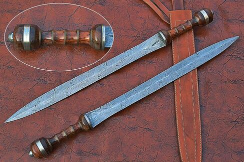 29 inches Long Maximus Gladuis Sword, 21" Long Hand Forged Damascus Steel Double Edge Blade, Hand Crafted Walnut Wood Grip with Brass Spacer, Leather Scabbard with Shoulder Stripe in Kuwait