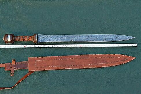 29 inches Long Maximus Gladuis Sword, 21" Long Hand Forged Damascus Steel Double Edge Blade, Hand Crafted Walnut Wood Grip with Brass Spacer, Leather Scabbard with Shoulder Stripe in Kuwait