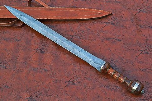 29 inches Long Maximus Gladuis Sword, 21" Long Hand Forged Damascus Steel Double Edge Blade, Hand Crafted Walnut Wood Grip with Brass Spacer, Leather Scabbard with Shoulder Stripe in Kuwait
