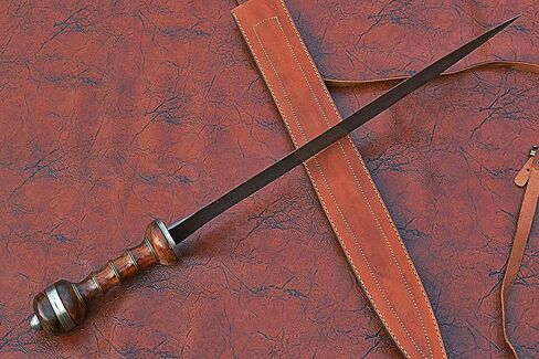 29 inches Long Maximus Gladuis Sword, 21" Long Hand Forged Damascus Steel Double Edge Blade, Hand Crafted Walnut Wood Grip with Brass Spacer, Leather Scabbard with Shoulder Stripe in Kuwait