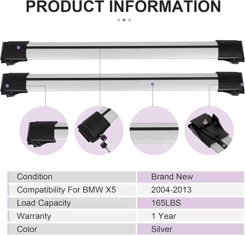 2 قطعة رف سقف فضي العارضة لسيارات BMW X5 2004 2005 2006 2007 2008 2009 2010 2011 2012 2013 AZHZ سبائك الألومنيوم حامل سقفي العارضة in Kuwait