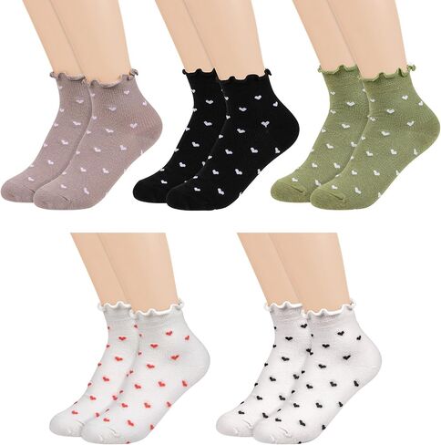 5 Pairs Ruffle Socks Women Heart Socks Cute Frilly Socks Heart Ruffled Ankle Socks for Women, Cotton Knit Lettuce Trim Socks for Women Girl, Soft Breathable Womens Fancy Casual Socks in Saudi Arabia