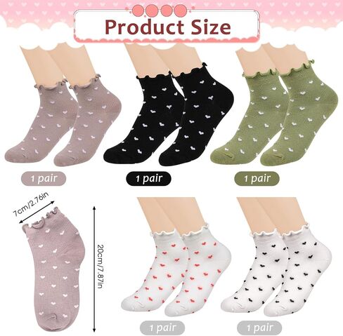 5 Pairs Ruffle Socks Women Heart Socks Cute Frilly Socks Heart Ruffled Ankle Socks for Women, Cotton Knit Lettuce Trim Socks for Women Girl, Soft Breathable Womens Fancy Casual Socks in Saudi Arabia