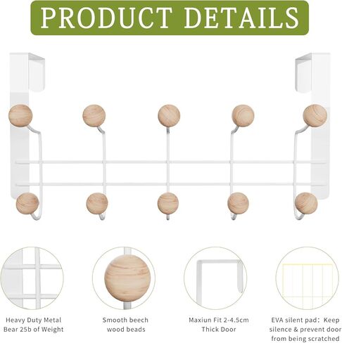 عبوتان من خطافات فوق الباب، رف منظم معدني قوي فوق الباب مع 10 خطافات خشبية لغرفة المعيشة والحمام وغرفة النوم والملابس المعلقة للمطبخ والمناشف والقبعات والمعاطف والحقائب in Kuwait