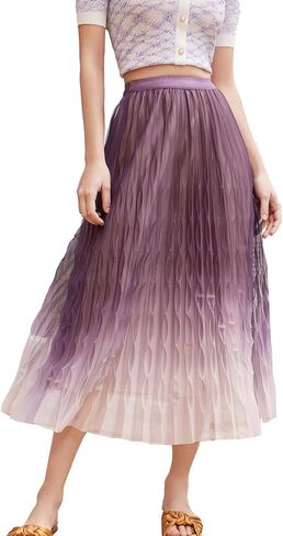 Women's Midi Skirt Double Layered Elastic High Waist Pleated Mesh A-Line Party Cocktail Tulle Skirts in Saudi Arabia