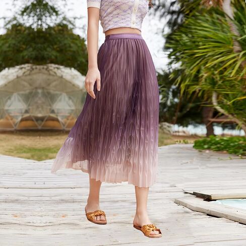 Women's Midi Skirt Double Layered Elastic High Waist Pleated Mesh A-Line Party Cocktail Tulle Skirts in Saudi Arabia