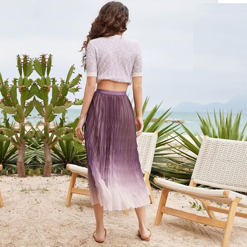 Women's Midi Skirt Double Layered Elastic High Waist Pleated Mesh A-Line Party Cocktail Tulle Skirts in Saudi Arabia