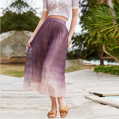 Women's Midi Skirt Double Layered Elastic High Waist Pleated Mesh A-Line Party Cocktail Tulle Skirts in Saudi Arabia