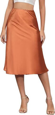 ALCEA ROSEA Womens Satin High Waisted Silky Midi Skirt Elastic A-line Skirt for Wedding Party Work AR1212 in Saudi Arabia
