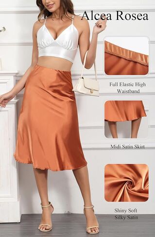 ALCEA ROSEA Womens Satin High Waisted Silky Midi Skirt Elastic A-line Skirt for Wedding Party Work AR1212 in Saudi Arabia