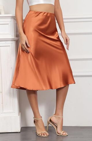 ALCEA ROSEA Womens Satin High Waisted Silky Midi Skirt Elastic A-line Skirt for Wedding Party Work AR1212 in Saudi Arabia