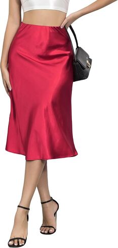 ALCEA ROSEA Womens Satin High Waisted Silky Midi Skirt Elastic A-line Skirt for Wedding Party Work AR1212 in Saudi Arabia