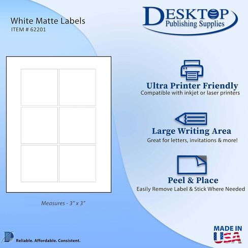 White Adhesive Square Labels, 3" x 3" - 25 Sheets / 150 Stickers - White Matte Finish Printable Square Labels Sheets for Inkjet/Laser Printers in Saudi Arabia