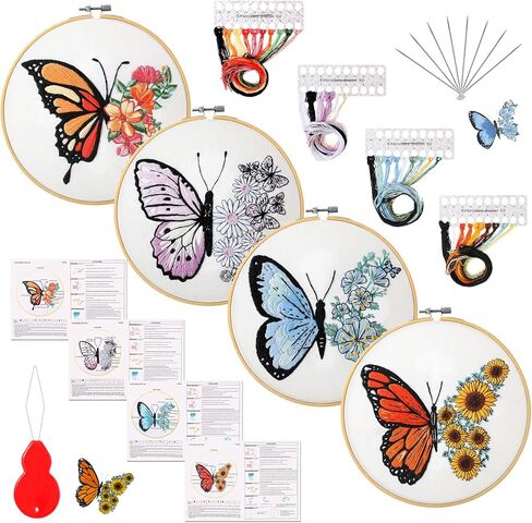 4 مجموعات من أدوات تطريز الفراشة على شكل فراشة وزهرة وقماش بغرز متقاطعة DIY مع أنماط وتعليمات وأطواق التطريز والخيوط والإبر وخيط الإبرة (نمط الفراشة) in Kuwait