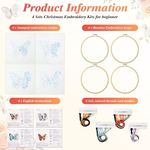 4 مجموعات من أدوات تطريز الفراشة على شكل فراشة وزهرة وقماش بغرز متقاطعة DIY مع أنماط وتعليمات وأطواق التطريز والخيوط والإبر وخيط الإبرة (نمط الفراشة) in Kuwait